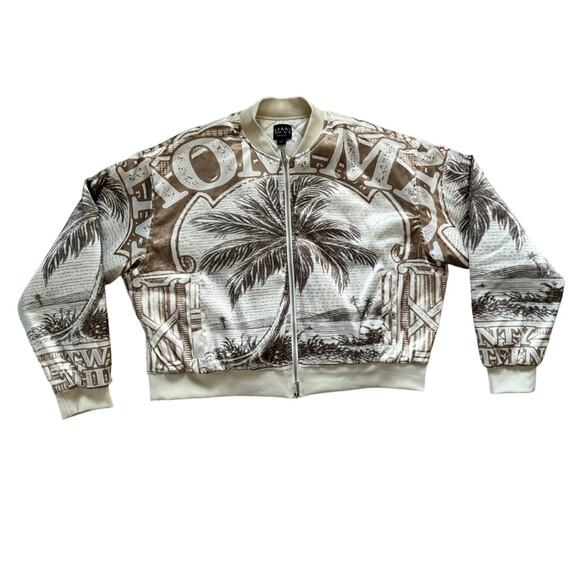 bohooMAN Boxy Satin Printed Bomber Men's Large Jacket Zip-Up Sand Varsity - Picture 8 of 8